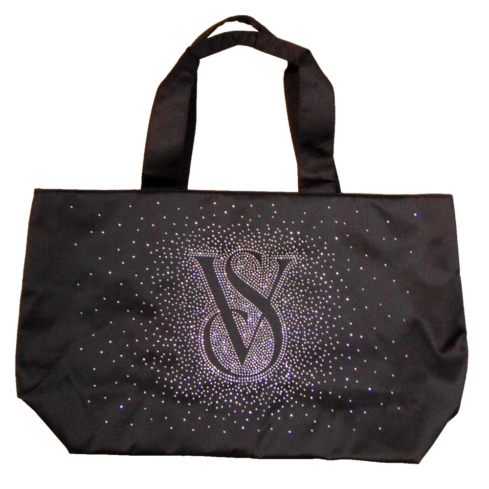 Victoria's Secret Black Rhinestone VS Logo Tote Bag Large Zip Top Bling Crystal